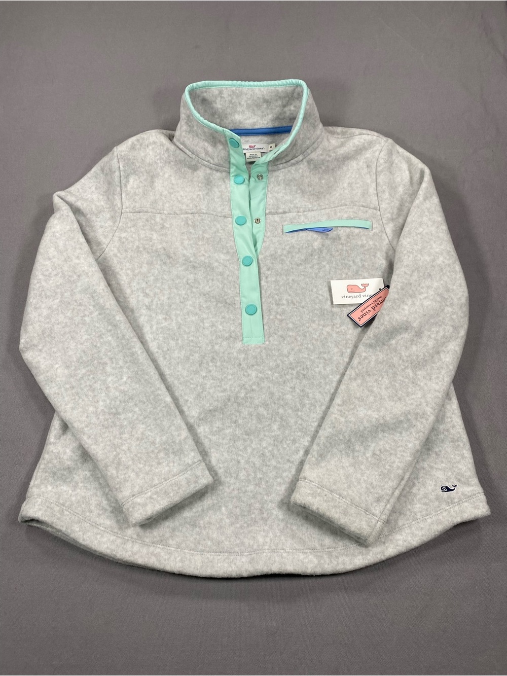 Vineyard Vines Heather Gray Fleece Pullover with Mint Trim NWT